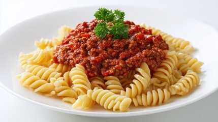 Cooked fusilli pasta serving with rich bolognese meat sauce and fresh parsley