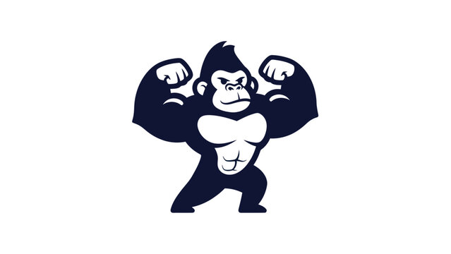 Strong gorilla posing and flexing muscles on white background