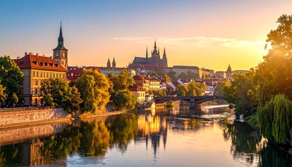 Fototapeta premium Picturesque historic European city skyline at sunrise with ancient architecture, a flowing river, and golden sky reflection