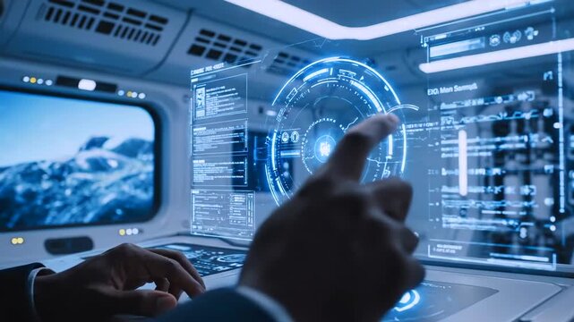 Hand interacting with holographic control panel, blue circular HUD, data streams, futuristic cockpit interior, focused operator gesture, touch input, transparent display, missioncritical