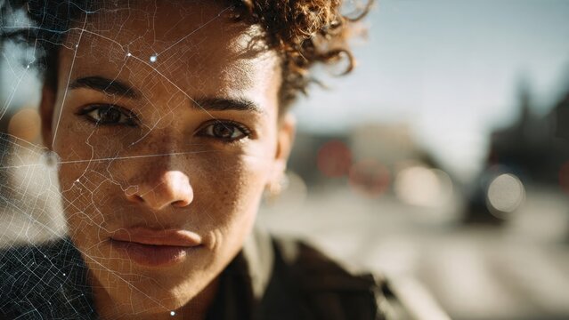 Portrait of a young woman with a map overlay
