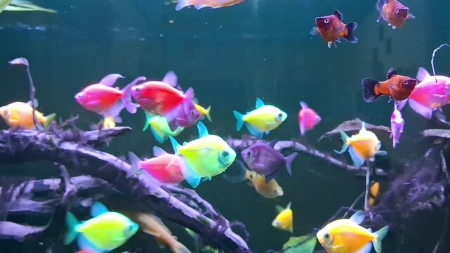 Colorful GloFish tetras and platies swim gracefully around natural driftwood in a vibrant, well-lit freshwater aquarium.