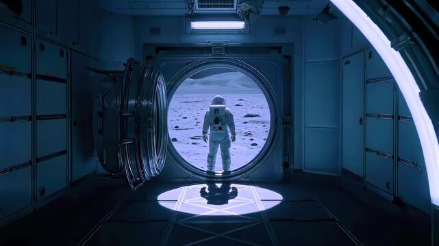 suited astronaut stands in circular airlock viewing lunar plain, cool blue lighting silhouettes figure, hatch rim and control bulkheads frame cratered surface, tense calm before EVA