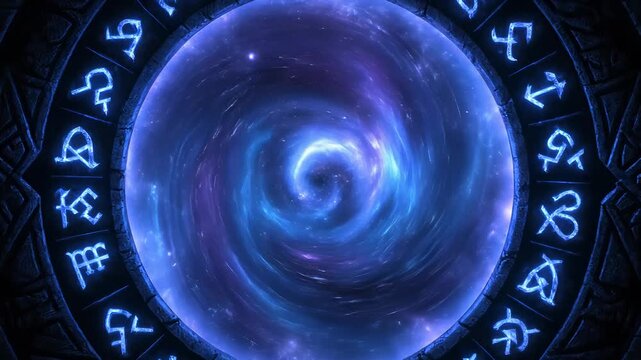 Mystical Portal In A Dark Forest: Cosmic Swirl Of Runes, Light And Fantasy