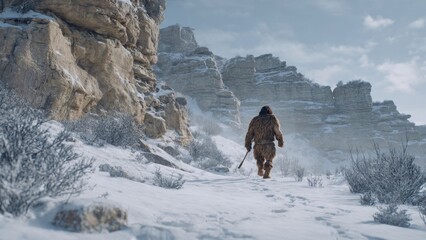 Sasquatch in Snowy Mountain Landscape