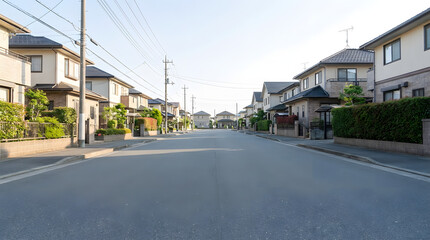 Obraz premium 日本の静かな住宅街と広い道路 落ち着いた郊外の街並み