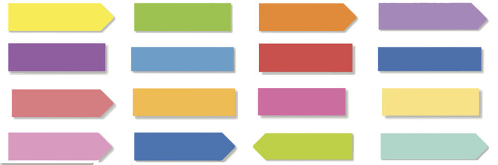Fototapeta premium Bright sticky style labels with flat and arrow tips in various colors, ideal for planners, bookmarks, reminders, web design elements, educational visuals, and creative organization projects.