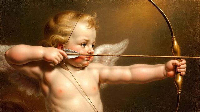 Cupid aiming a bow and arrow in a classical painting.