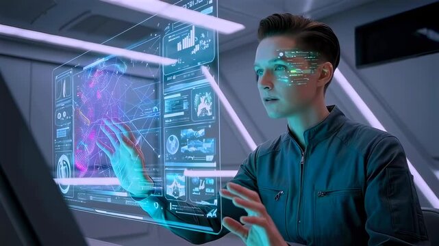 Innovative brain research, Youthful researcher utilizing augmented reality glasses command intricate holographic simulations of neural structures in modern clinical environment