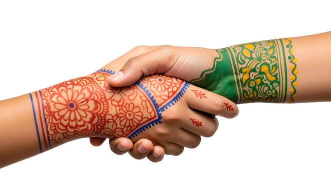 A colorful handshake adorned with intricate henna art, symbolizing unity and partnership