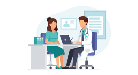 Doctor and Patient Consultation in Medical Office. Physician Discussing Diagnosis and Health Record on Laptop.