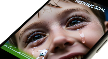 A close-up shot of a young child with tears streaming down their face, watching a historic goal on a smart phone