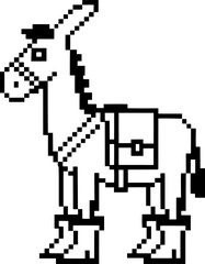 Fototapeta premium Pixel art donkey with boots and saddlebag in black and white, retro 8 bit animal illustration