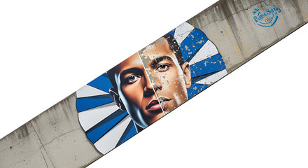 A vibrant graffiti artwork featuring a striking split face with blue and white accents 