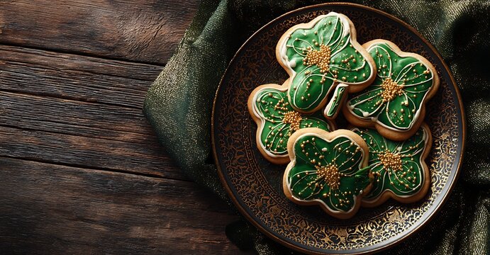 Festive green shamrock cookies arranged on a decorative golden plate