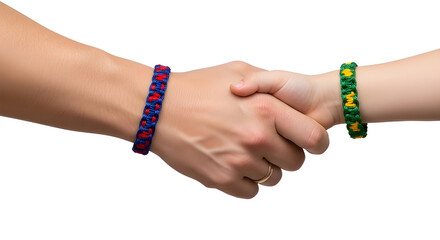 A handshake between two people wearing bracelets. The scene conveys trust, agreement, and partnership. 