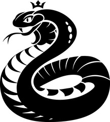 Fototapeta premium black cobra snake coiled with crowned head, angry reptile tongue out, dangerous venomous serpent symbol