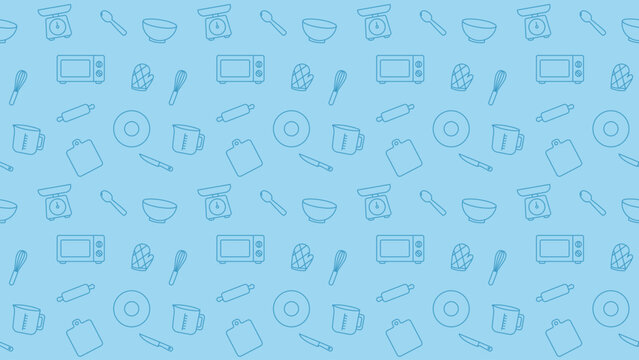 Kitchenware seamless pattern on blue background, Cooking utensils line art background, Bakery equipment tools collection, Restaurant kitchen accessories wallpaper, Home cooking culinary concept