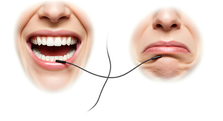 A closeup of a beautiful young lady with a healthy smile showing clean white teeth and her tongue out for dental care beauty