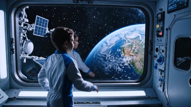Child explorer peers through space window at vivid Earth panorama, bright inquisitive mood as youngster reaches toward satellite view from station console, hopeful educational tone