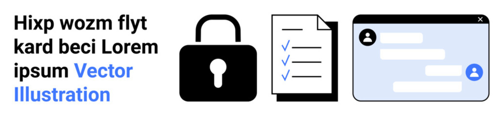 Fototapeta premium Cybersecurity, online privacy, secure communication, data protection, digital security, authentication. A padlock, checklist and chat window. Cybersecurity and online privacy concepts