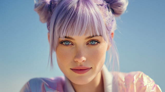 portrait of a young woman with pastel lavender hair and blue eyes, soft natural light, modern beauty fashion look, clean minimal background, skincare and makeup concept for advertising, banners