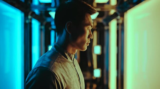 asian man walking neon corridor surrounded by blue and teal LED panels, reflective glass walls and lowkey cinematic lighting contemplative expression, closeup profile and fulllength