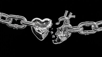 Fototapeta premium Broken metal chain forming heart shape snapping apart on dark background, symbolic concept of heartbreak, separation, emotional pain, toxic relationship, freedom and letting go theme