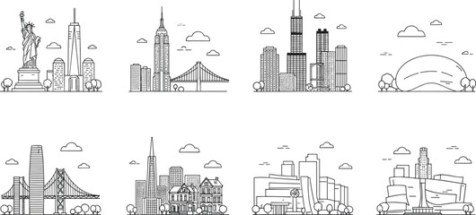 Obraz premium Black and white city skyline line art collection featuring famous urban landmarks, modern architecture, skyscrapers and bridges, minimalist metropolitan illustrations, travel destination vector set