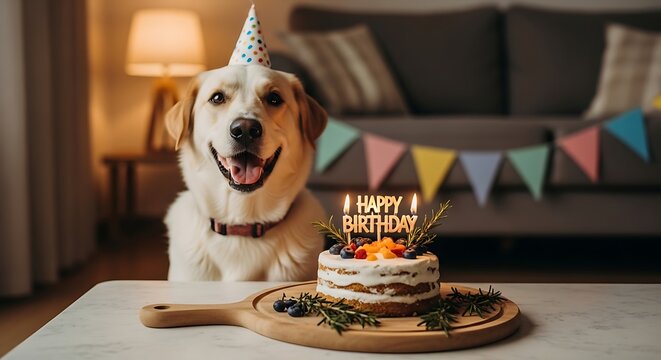 Happy Birthday to a very good dog, celebrating with a special cake and festive decorations