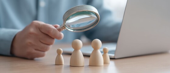 Fototapeta premium Person Holding Magnifying Glass Observing Wooden Figures on Table Near Laptop for Analysis and Inspection