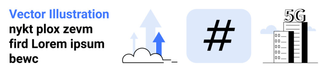 Obraz premium Abstract representation of cloud computing, upward growth arrows, a prominent metadata tag, and a 5G network tower. Ideal for 5G, communication, innovation, networking, social media technology