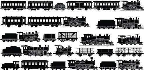 Black and white vintage steam train silhouette collection featuring locomotives and railway cars, classic transportation history symbols, industrial travel elements, detailed vector illustration set © Atabur