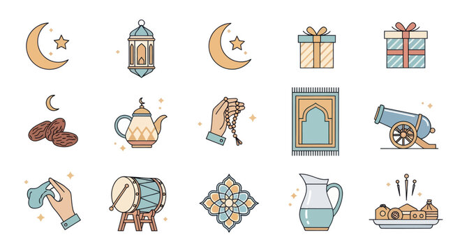 Ramadan Icons Set: Crescent Moon, Lantern, Dates, Prayer Mat, Drum, Cannon, Gift Boxes