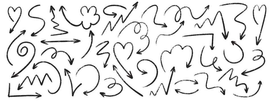 Hand drawn arrow set with marker, crayon and chalk pointer icons. Pencil line sketches featuring black brush strokes, rough doodle elements and fun scribble textures on white background for design.