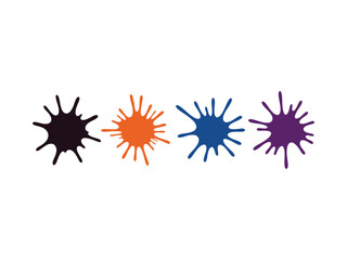 Four colorful ink splat vector graphics in purple, blue, orange, and black