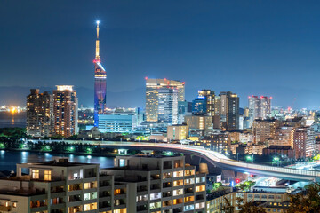 Fukuoka tower and light trail on express way at night from Atago shrine © Blanscape