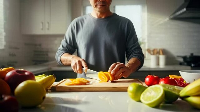 Asian man slicing tropical fruit on countertop in sunlit modern kitchen, morning routine home cook preparing mango lime banana and citrus, colorful fruit foreground, precise knife work, tidy