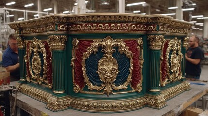 Intricately decorated ceremonial float under construction workshop.