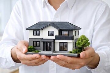 両手で大切に支えられた住宅模型から伝わるマイホーム購入と安心な暮らし