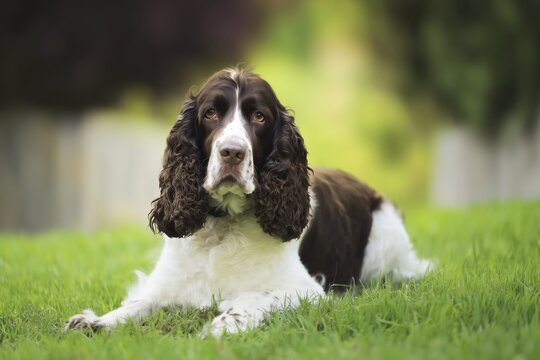 english springer spaniel Dog rests on green grass in a garden during a sunny day while looking toward the camera with interest and curiosity