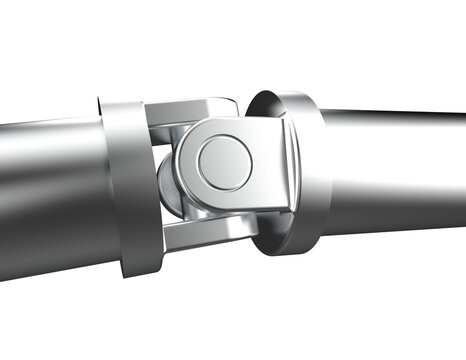 High-Precision Shiny Chrome 3D Universal Joint (Cardan Coupling) connecting drive shafts. Essential mechanical component for automotive technology, heavy machinery, and industrial power transmission