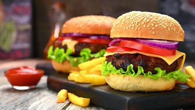 Delicious burgers with fries served on a wooden board at a casual eatery. Two burgers with cheese, lettuce, tomatoes, and onions sit on a wooden board next to a serving of fries.