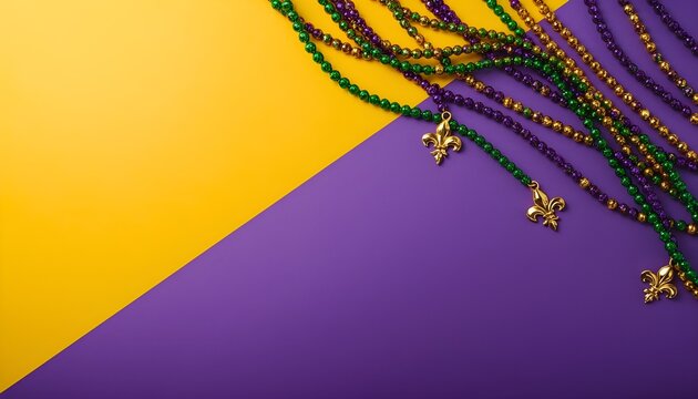 A vibrant display of Mardi Gras beads on a colorful purple and yellow background