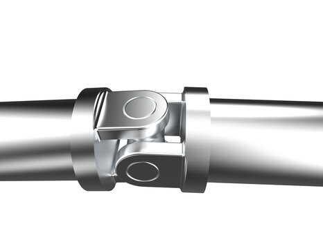 High-Precision Shiny Chrome 3D Universal Joint (Cardan Coupling) connecting drive shafts. Essential mechanical component for automotive technology, heavy machinery, and industrial power transmission