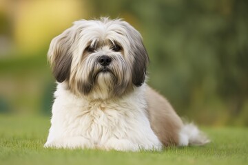 Cute Lhasa Apso dog resting on green grass in a sunny garden during the afternoon hours near colorful flowers and plants