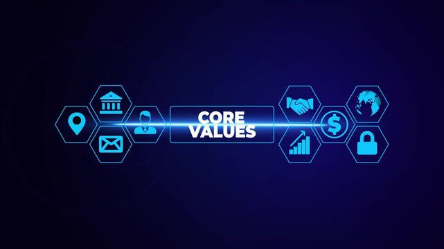 Core values Responsibility Innovation. Businessman pressing button on screen