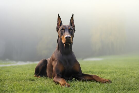 Doberman rests on green grass in a foggy setting during the early morning hours at a park or open field