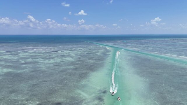 Boat channels through shallow reef off Windley Key in Islamorada of the Florida Keys.