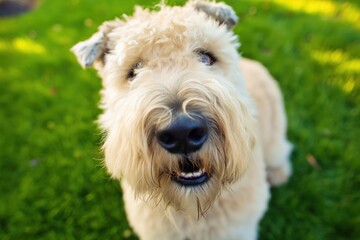 Fluffy soft coated wheaten terrier dog playing on green grass in a sunny park during the afternoon